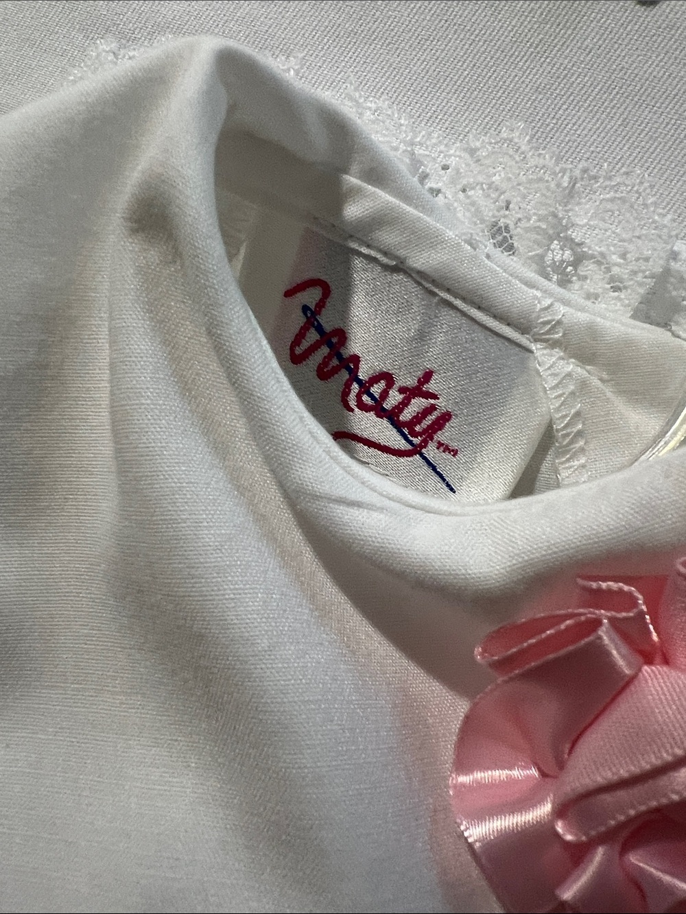 Vintage White Embroidered Tiered Baby Dress with Pink Rosette - Picture 5 of 6